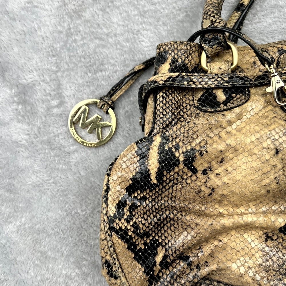 Michael Kors Womens Satchel Bag Brown Tan Python Skin Double Handle Shoulder Bag - Picture 16 of 16